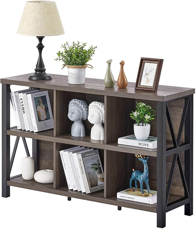 FATORRI Rustic 6 Cube Storage Organizer with Shelf, Wood and Metal Cubby Bookcase, Industrial Horizontal Bookshelf for Living Room, Home Office (Walnut Brown, 47 Inch)
