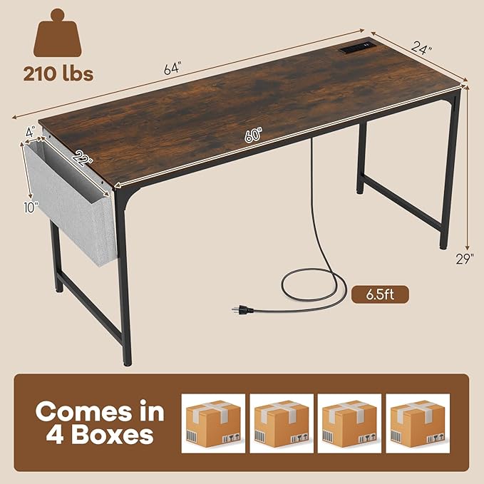 Tangkula 60" Conference Desk Set of 4, Modern Boardroom Desk with Storage Bag, Headphone Hook, Sturdy Metal Frame, Rectangular Seminar Table with Charging Station