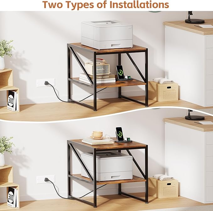 2-Tier Large Priner Stand with Charging Station, 20" Under Desk Printer Table with Power Outlets and USB Ports for Home Office, Heavy Duty Storage Rack for Scanner Fax Machine Heat Press, Rustic Brown