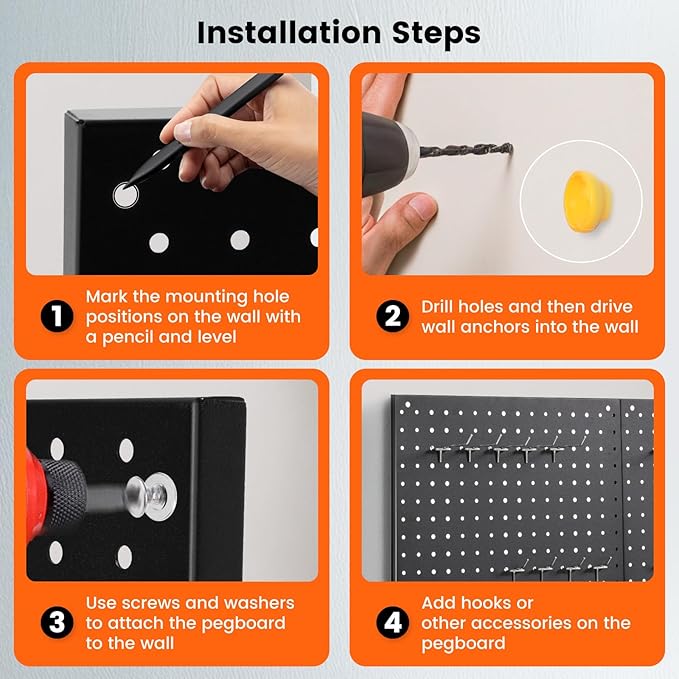 ENJOYWOOD Pegboard, 3 PCS 24"×16" Metal Peg Board Panels Black Modular Wall Organizer Kit with 30 Hooks, Dual-Size Hole Design for Home Tool Storage, Garage Organization, Kitchen, Office, Craft Room