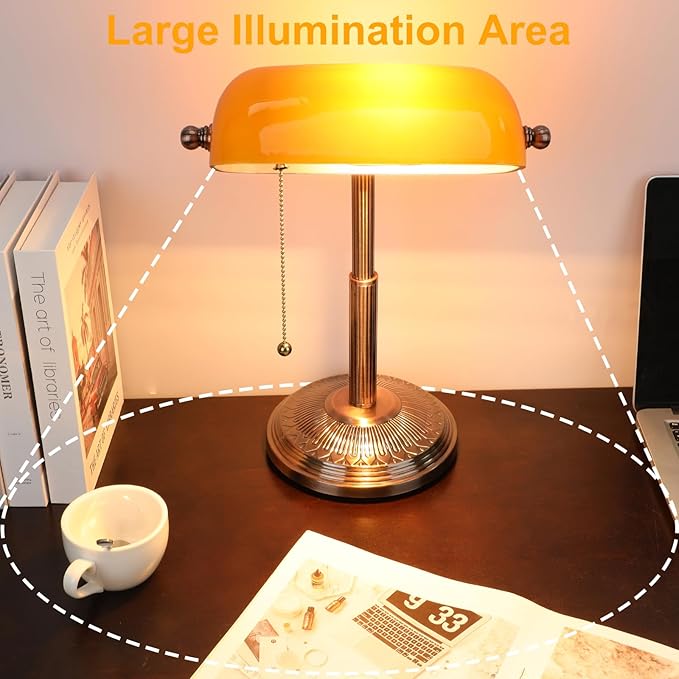 LINNMON Bankers Desk Lamp, Amber Retro Lamp, Vintage Lamp with Pull Chain Switch for Home Office (Copper+Amber)