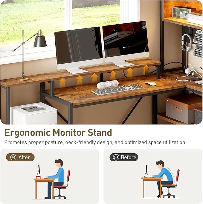 RALGEND 75inch L Shaped Computer Desk with Drawers, Large Gaming Desk with LED Light & Power Outlets, Corner Computer Desk with Storage Shelves & Monitor Stand for Home Office,Rustic Brown and Black