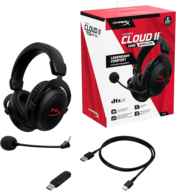 HyperX Cloud II Core Wireless Headset Gaming USB for PC Windows Computer Gamer Detachable Noise Cancelling Microphone DTS Headphones X Spatial Audio Memory Foam Ear Pads Cushion, Black (Renewed)