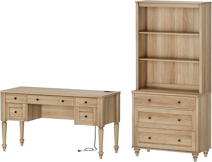 WAMPAT Home Office Furniture Set, 56'' Executive Desk with Charging Station, 72" Tall Bookcase with 3 Drawers, Wood Computer Desk with File Cabinet Storage, Open Shelf, Oak
