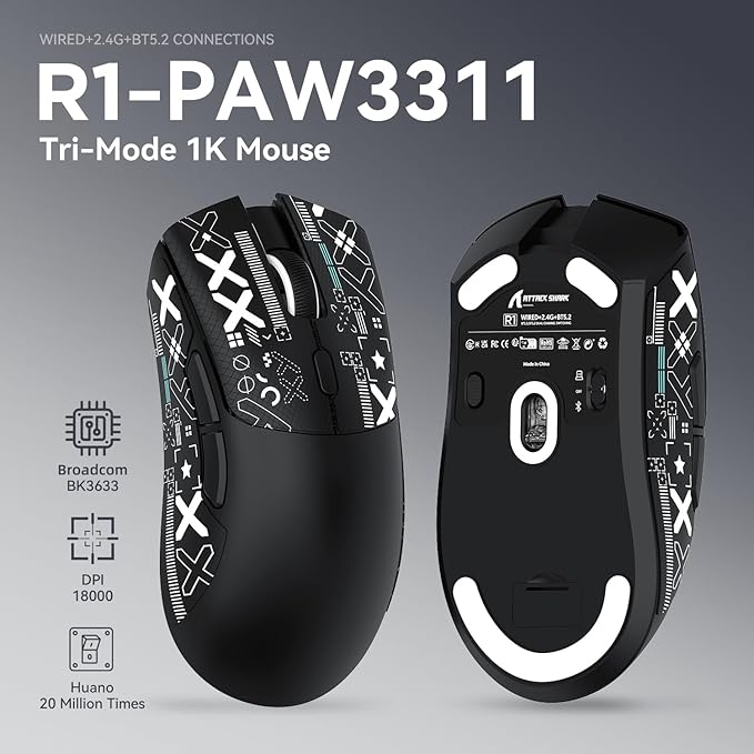 MAMBASNAKE Attack Shark R1 Wireless Gaming Mouse,PAW3311 Optical Sensor 18K DPI,59g Ultralight 2.4Ghz/BT/Wired Computer Mice for Win/Mac-Black&Tape
