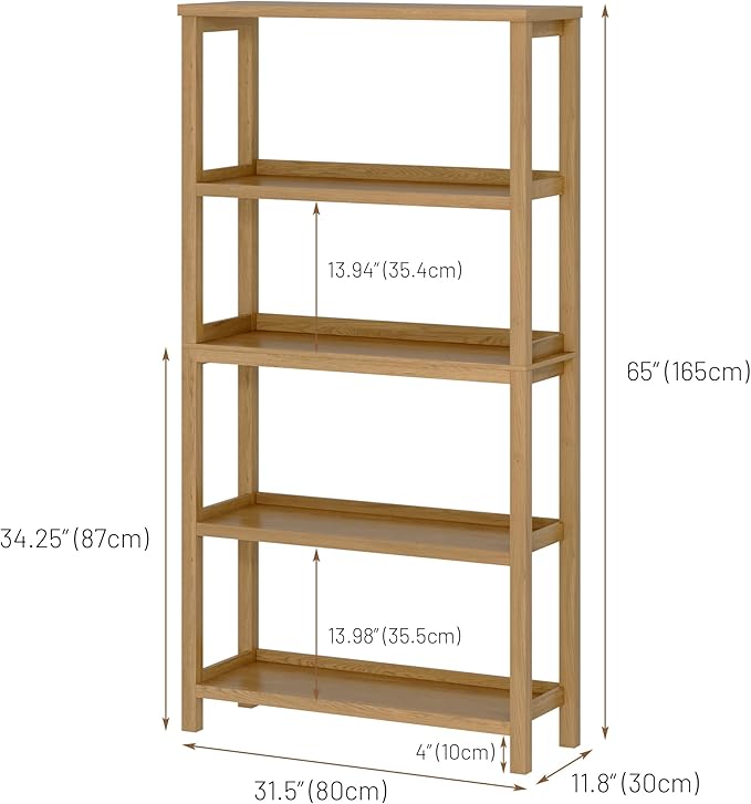 Vlsrka Wooden Bookshelf with Lights, 5 Tier Bookshelf with Storage, Tall Bookcase with Open Shelves, Standing Bookshelves Display Rack for Living Room, Home Office, Brown