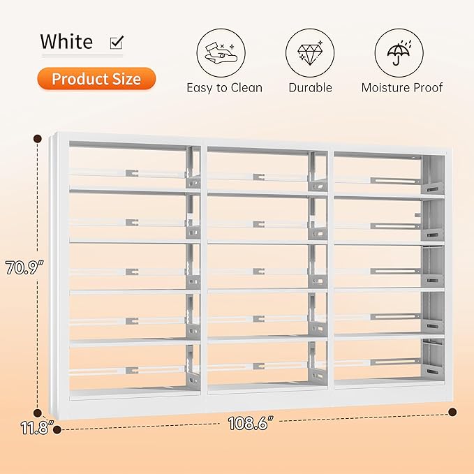 71" Metal Bookshelf,5 Tier White Bookshelf with Adjustable Shelves,Heavy Duty Bookshelves and Bookcases,Tall Bookcase for Living Room,Library,Office,Including Book Stopper (White, 108.6" Wide)