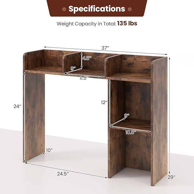 Desktop Bookshelf, 3-Tier Desk Hutch Shelf with 5 Display Rack for Computer Desk, Desk Organizer Shelves for Top of Desk, Dorm, Home, Office (Rustic Brown)