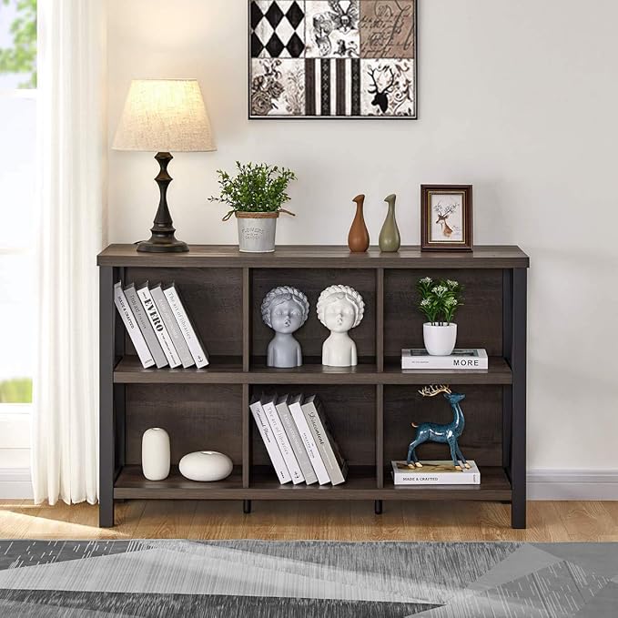 FATORRI Rustic 6 Cube Storage Organizer with Shelf, Wood and Metal Cubby Bookcase, Industrial Horizontal Bookshelf for Living Room, Home Office (Walnut Brown, 47 Inch)