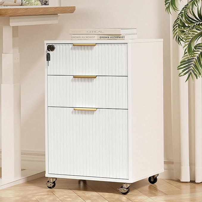 3 Drawers Fluted Mobile File Cabinet with Lock, Rolling File Cabinet Printer Stand Table, Under Desk Wooden Filing Cabinets for Home Office Essentials Storage Organization Furniture Letters/A4(White)