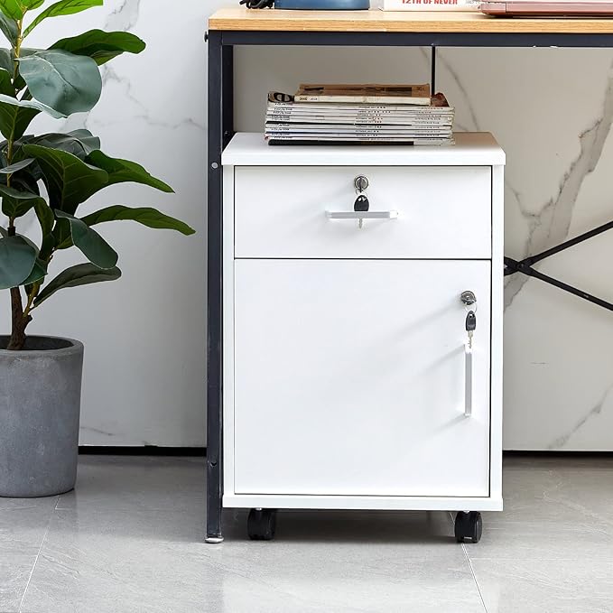 OFCASA Mobile 2 Drawer File Cabinet with Lock, Wooden Under Desk Filing Cabinet with Wheels, Small Rolling Storage Cabinet for Home Office Organizer A4/Letter Size/Legal, White