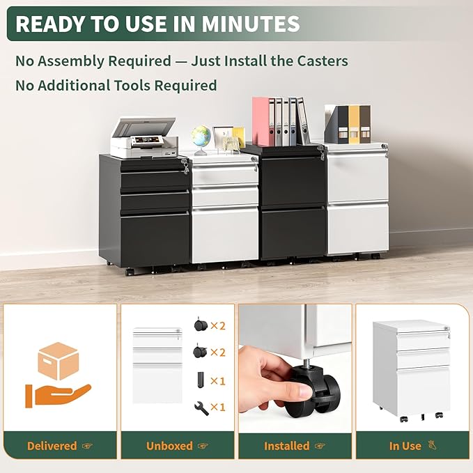 3 Drawer File Cabinet with Lock,Under Desk Rolling Small Filing Cabinet for Home Office Storage, Mobile Steel Cabinets with Wheels, Fully Assembled, White