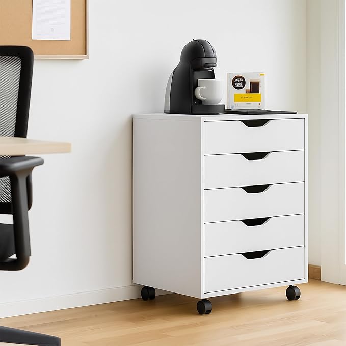 Relaxdays 5 Drawer Roll-Up Cabinet H 66.5 x W 48 x D 39.5 cm Office Cabinet Filing Cabinet with Wheels Office White