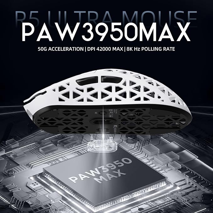 ATTACK SHARK R5Ultra 8K Carbon Fiber Wireless Gaming Mouse with 42000 DPI -PAW3950 MAX Sensor -39g Ultra-Lightweight-Nordic 52840 MCU Chip-Wired/BT/2.4GHz Wirelss Programmable Mouse for PC/Mac (White)