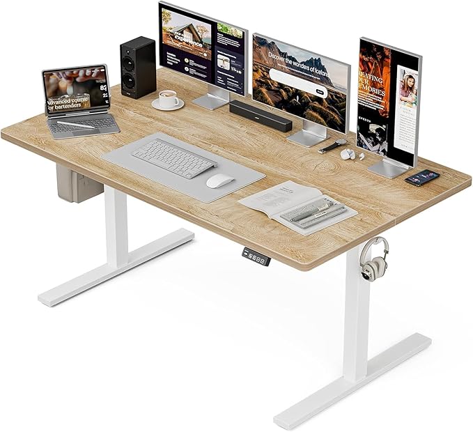 Grandder 47x32 Large Electric Standing Desk, Height Adjustable Computer Desk with 2 Memory Presets, 31.5" Deep Desktop Sit Stand Desk Home Office Desk Workstation Table with Hooks, Light Walnut