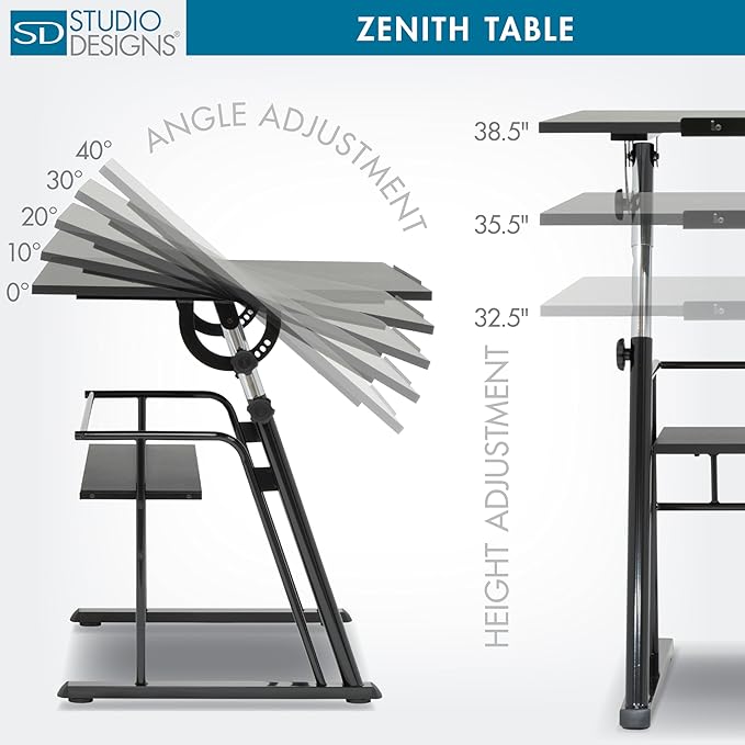 Studio Designs Zenith Height Adjustable Drafting Table with Shelf in Black, 42" W X 30" D