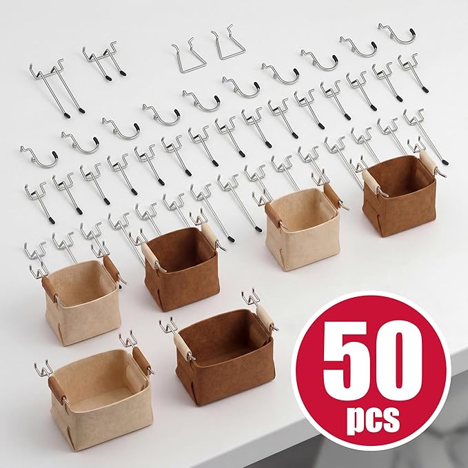 Spampur Peg Board, 8 Pack Metal PegBoard Organizer with Accessories, White Pegboard Panels with 50 Pcs Hooks and Baskets, Wall Organizer for Office, Craft Room Organization, Garage, Sewing Room