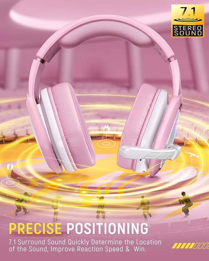 Tatybo Wireless Gaming Headset for PC, Ps5, Ps4, 2.4 Ghz USB & Type-C Gaming Headphones with Microphone, 30H Battery Bluetooth Headphones for Switch, Laptop, Mobile, Mac (Pink)