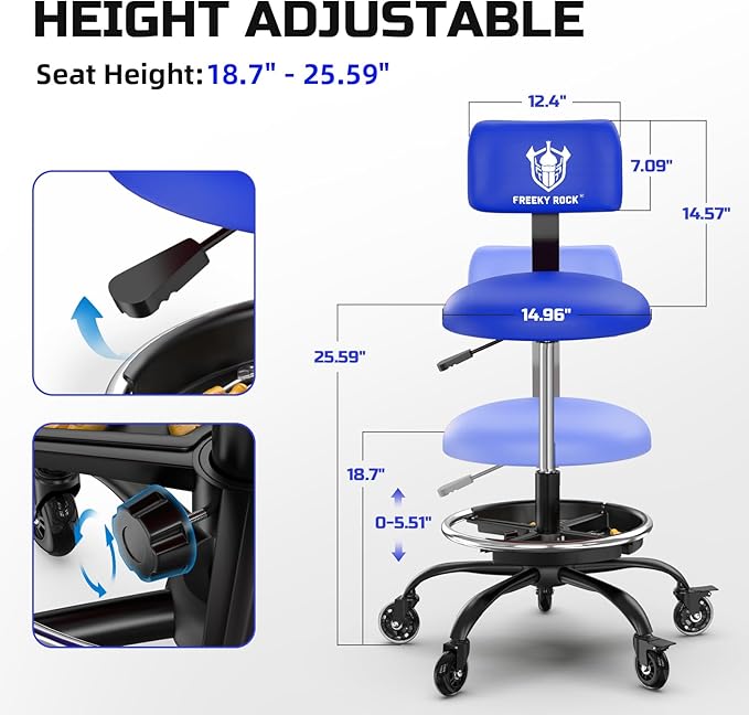 Rolling Shop Stool with Wheels, Garage Mechanic Stool Chair with Backrest, Height Adjustable Heavy Duty Swivel Task Chair, Adjustable Footrest with Storage Tray for Garage Kitchen Salon Tattoo (Blue)