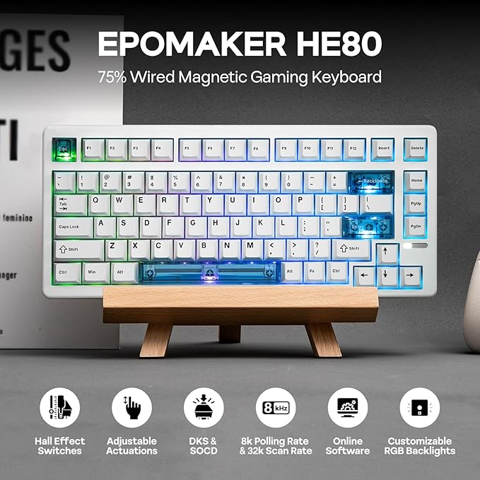 EPOMAKER HE80 Hall Effect Gaming Keyboard, 8K Polling & 32K Scan, Creamy Gasket, DKS, SOCD, Hot-Swappable, RGB Backlit, Wired Gaming Keyboard for PC & Mac (White)