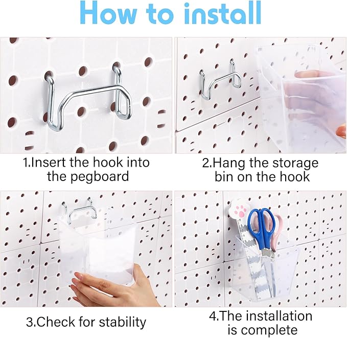 Reallnaive 6 Pack Pegboard Bins with Hooks - Translucent Pegboard Organizer Wall Containers - Kitchen, Office, Garage, Workshop, Bathroom