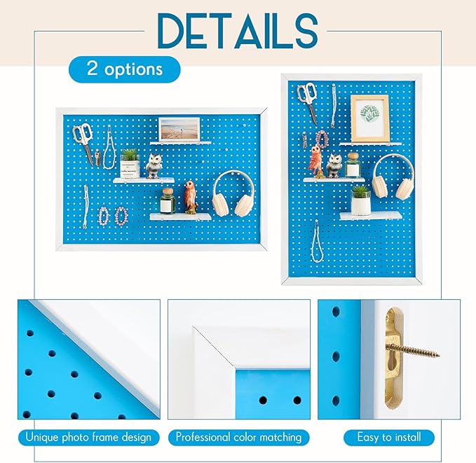 Weysat 36 x 24 Inch Decorative Wood Pegboard Wall Organizer with Frame Large Display Board Kit with 3 Shelves 18 Nails Aesthetic Board Wall Organizer Craft for Room, Office, Sewing (Blue)