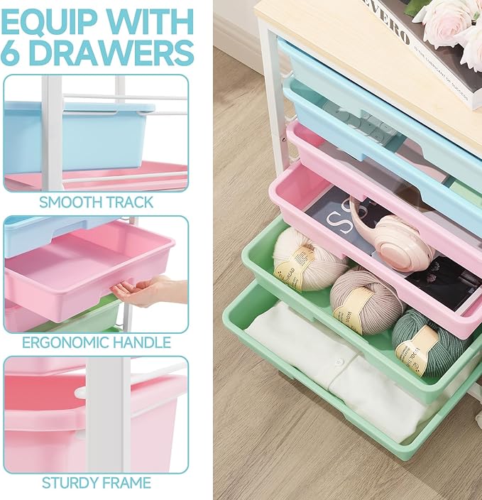 SYKIARIOL Rolling Cart with Drawers,Utility Cart with 6 Drawers,Rolling Storage Cart with Drawers and Wooden Tabletop & Lockable Wheel,Colorful