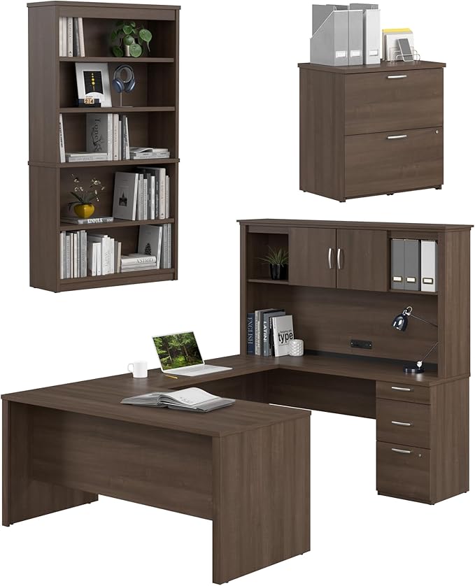 Bestar Logan 66W U-Shaped Desk with Hutch, Lateral File Cabinet, and Bookcase in Antigua