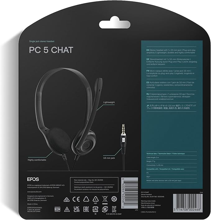 EPOS Sennheiser PC 5 Chat - Headset for Internet Communication, E-Learning and Gaming - Noise Cancelling Microphone, Casual Gaming Lightweight, high Comfort, Minimalistic, Black