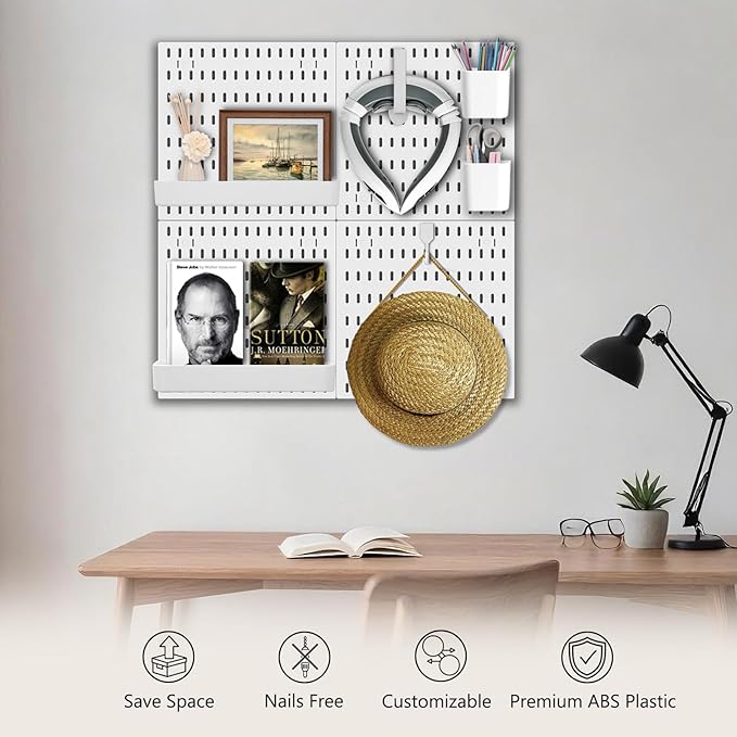 Wall Organizer Pegboard Kit, Wall Control Peg Board with 18 Pcs Accessories, 4 Pack Plastic Wall Mount Display Storage Panels for Kitchen Bathroom Craft Room Office Organization, 23.6 Inches (White)