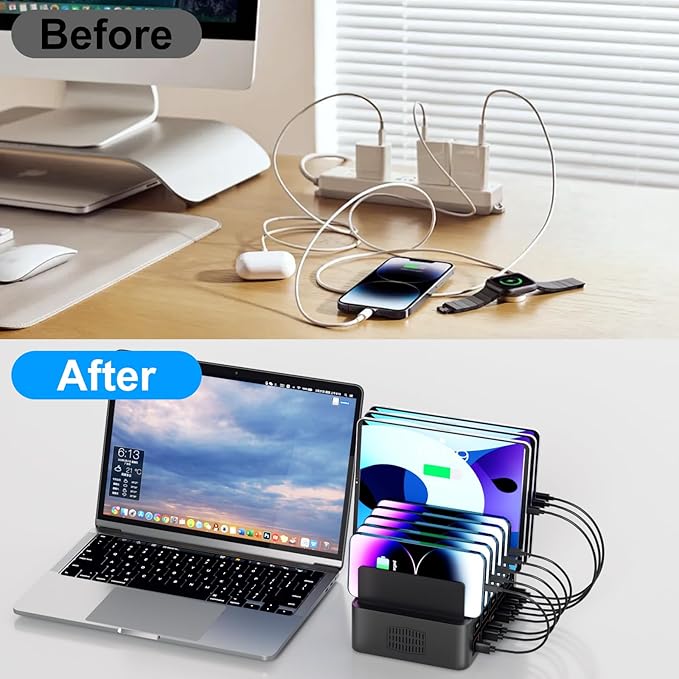 150W/35A Charging Station for Multiple Devices, 20 Port USB C Fast Charging Station with Adjustable Dividers - Organizer Charging Dock for Smartphone, iPad, Kindle, Tablet & More