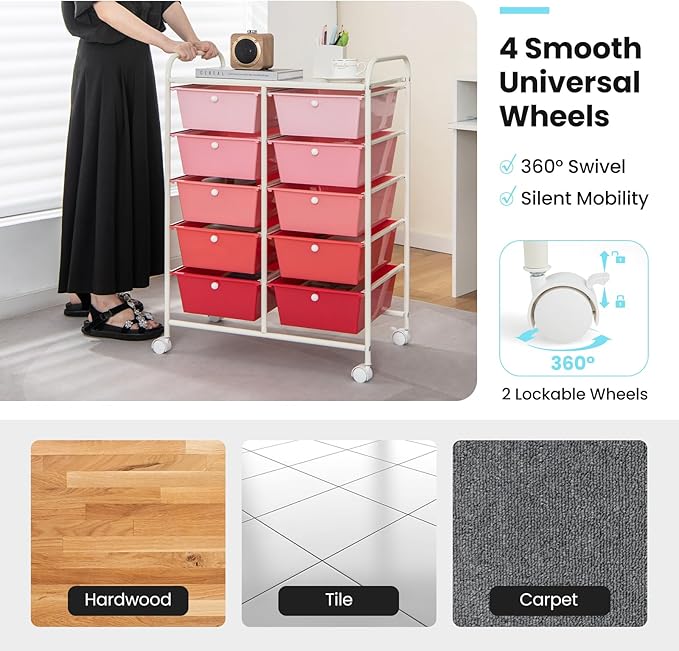 Moccha 10-Drawer Rolling Storage Cart - Under Desk Storage Drawers with wheels for Craft Art Supply Paper Salon, Scrapbook Paper Tools, Mobile Utility Cart for Classroom, Gradient Pink