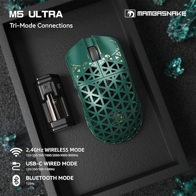 MAMBASNAKE M5 Ultra Carbon Fiber 8000Hz Wireless Gaming Mouse, 39g Superlight, 42000DPI, PAW3950MAX Sensor, Nordic 52840 Chip, Bluetooth/2.4G/USB-C Wired Mice with Coiled Cable for PC/Mac (Green)