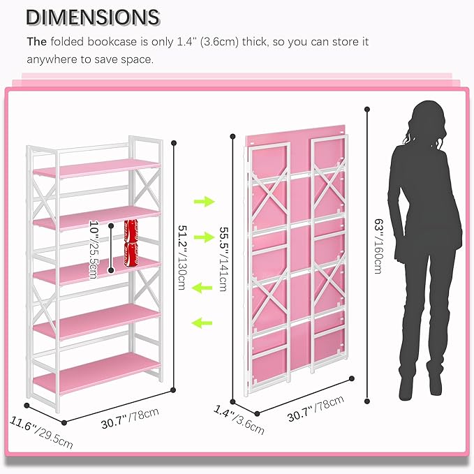 4NM Extra Wide 5 Tiers No Assembly Book Shelves, 51.2" H Folding Bookshelf Bookcase Open Industrial Foldable Shelves for Bedroom, Living Room, Home Office - Pink White