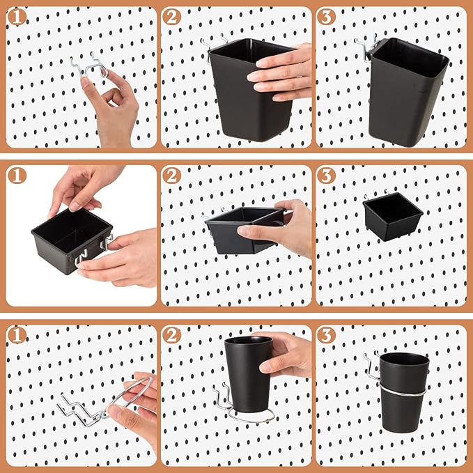 Jinei 12 Pcs Pegboard Bins and Cups with Hooks and Loops Peg Assortment Organizer Accessories Various Tool Organizer Pegboard Basket Set for Garage Workshop Workbench Office(Black)