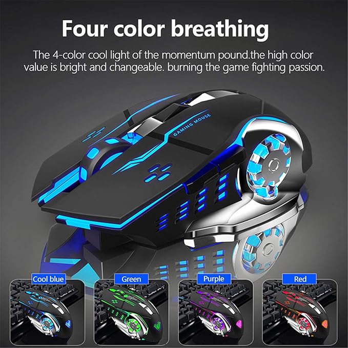 AULA SC100 Silent Wireless Gaming Mouse Rechargeable, with Side Buttons, LED Backlit, DPI Adjustable, 2.4G Wireless Optical Computer Mice Punk Cool Mouse for Games/Work (Black)