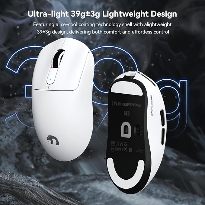 MAMBASNAKE M3 Wireless Gaming Mouse,39g Ultra-Lightweight BT/2.4GWireless/Wired Gaming Mouse,PAW3395PRO 40K DPI Optical Sensor,200Hrs Battery,Office Mice for PC/Win/Mac(White)