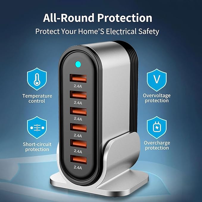 6 Port USB Charging Station, Type A Charger, Multi USB Charger for iPhone 14/13 /12/11Series, iPad Pro/Air/Mini, Galaxy, LG and More