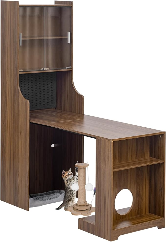Fold-Out Convertible Office Table, Space-Saving Folding Writing Desk with Hutch & Storage Shelves, Pet-Friendly Foldable Computer Desk with Free Cat Bed for Small Spaces (Walnut)