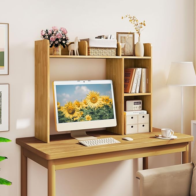 Desktop Bookshelf, 3-Tier Desk Hutch Shelf with 5 Display Rack for Computer Desk, Desk Organizer Shelves for Top of Desk, Dorm, Home, Office (Oak)