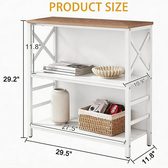 MNEETRUNG Book Shelf, Small 3-Tier Industrial Bookshelf with Strong Metal Frame & Backboard, 29.5" Short Bookcase for Small Spaces, Living Room, Bedroom and Home Office, White