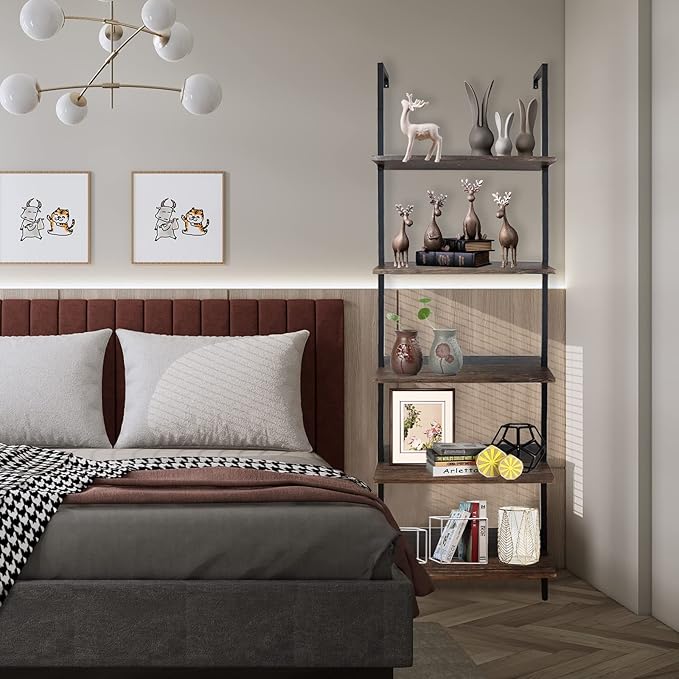 Wolawu 5 Tiers Ladder Shelf Brown Modern Bookshelf Open Tall Wall Mount Bookcase Standing Leaning Wall Shelves Industrial Decorative Living Room Bed Room