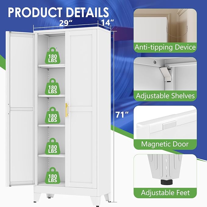 71" Metal Storage Cabinet with Adjustable Leveling Foot,Garage Storage Cabinets with 2 Doors and 4 Adjustable Shelves, Black Steel Cabinet for Office,Home,Garage(White)