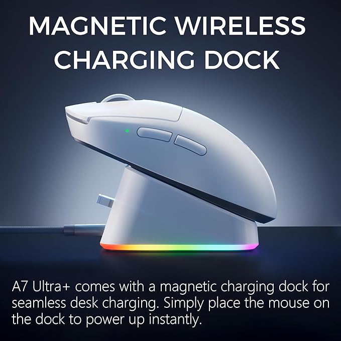 MCHOSE A7 V2 Ultra+ Wireless Gaming Mouse, Megnetic Charging Dock,Tri-Mode Connection, 59 Grams, PAW3950 TI 42K DPI Sensor, Wired/Wireless Dual 8K Polling - White