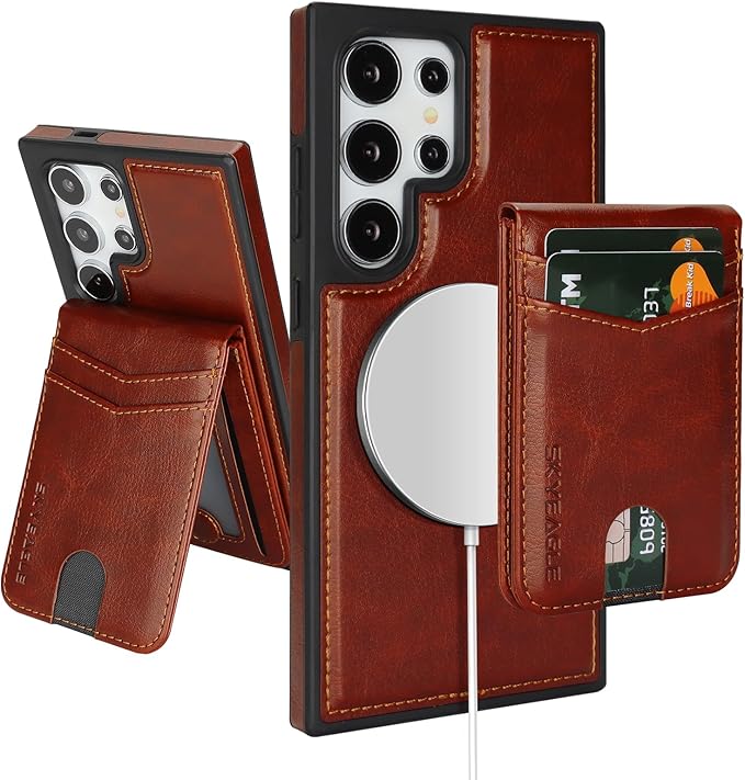 SkyEagle Compatible with Magsafe 2 in 1 Detachable Samsung Galaxy S25 Ultra Wallet Case with Card Holder,Women Men Magnetic PU Leather RFID Blocking Flip Kickstand Credit Slots,Brown