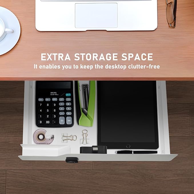 Under Desk Drawer with Biometric Fingerprint Lock, Metal Undermount Table Drawer, Slides Out Tray Organizer for Paper, Pencil, and Laptop 16"x11.8"x3.6", White with Fingerprint Lock