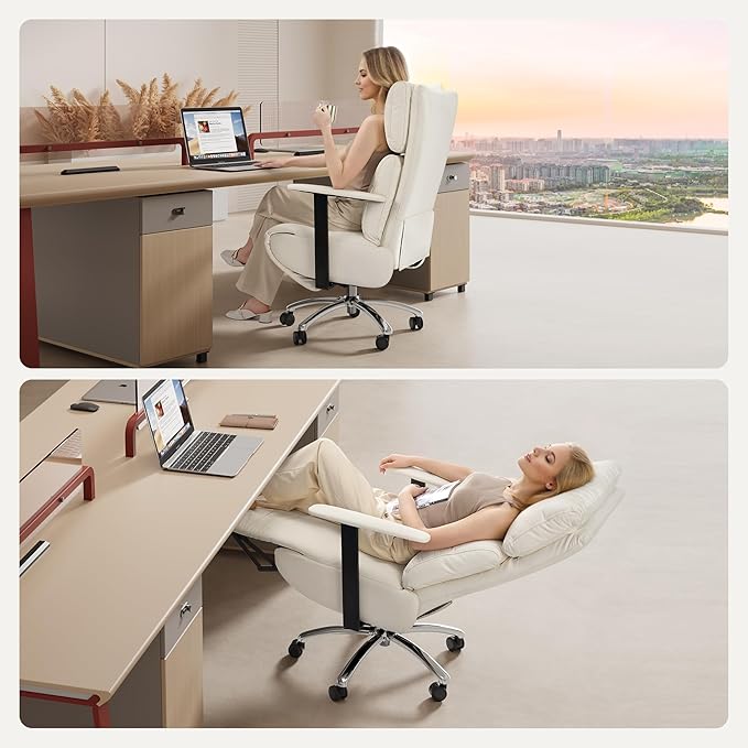 OKUP Reclining Office Chair with Adjustable Headrest and Footrest, 170° Comfortable Office Chair Zero Gravity, Leather Ergonomic Executive Home Office Desk Chair (Cream)