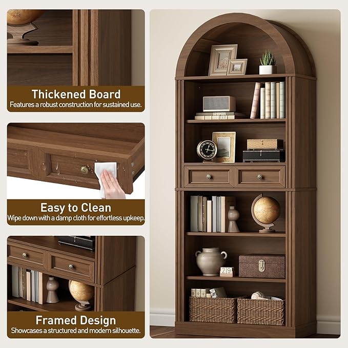 RALGEND Arched Bookshelf Set of 2, 73" Tall Arch Bookcase with Drawers, 6-Tier Farmhouse Book Shelf, Wooden Bookshelf with Open Display Shelves for Living Room, Office, Walnut