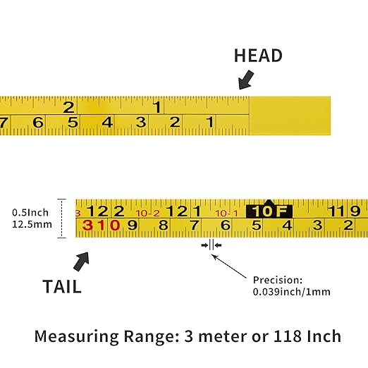 2 Packs Steel Self-Adhesive Measuring Tape, Right to Left Reading 310cm or 122-Inch Imperial and Metric Ruler Tape, 1/2-Inch Peel and Stick Tape Measure for Woodworking, Saw, Drafting Table, Yellow