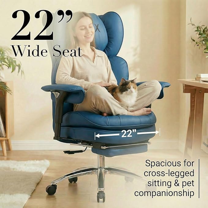 Efomao Big & Tall Executive Office Chair with Footrest - 400lbs Heavy Duty High Back PU Leather Desk Chair, Modern Ergonomic Reclining Computer Chair, Blue